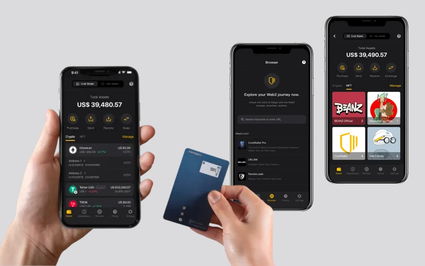 CoolWallet App 介面總覽：冷錢包與熱錢包切換畫面，以及手持 CoolWallet 卡片